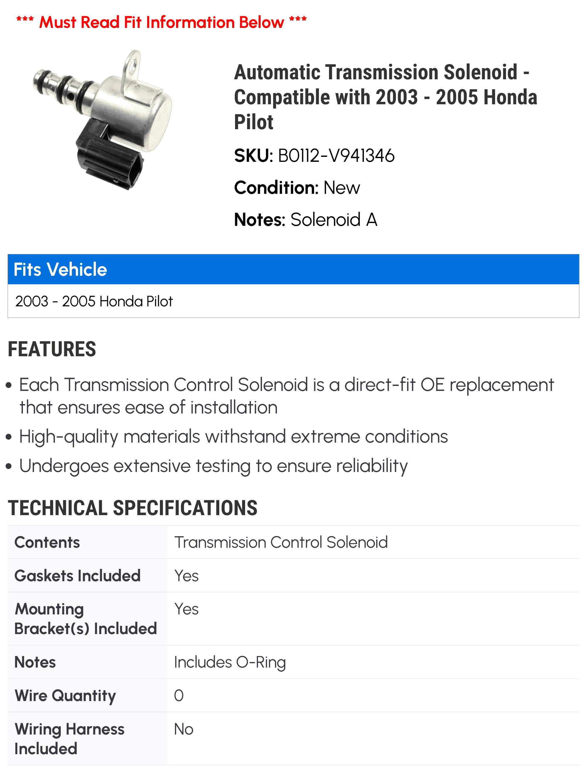 Automatic Transmission Solenoid - Compatible with 2003 - 2005 Honda Pilot 2004