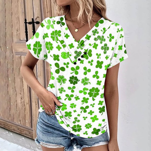 Fiudx Tops para Mujer Top de Primavera/Verano de Manga Corta Informal con Cuello En V Estampado Del Día de San Patricio para Mujer