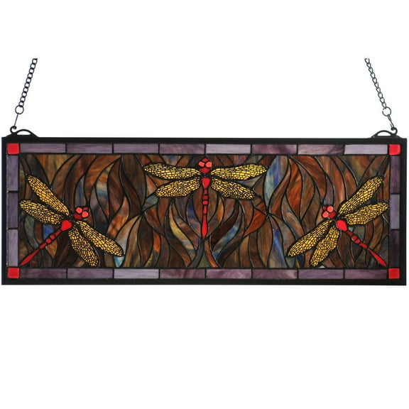 Meyda Lighting 28"W X 10"H Tiffany Dragonfly Trio Stained Glass Window