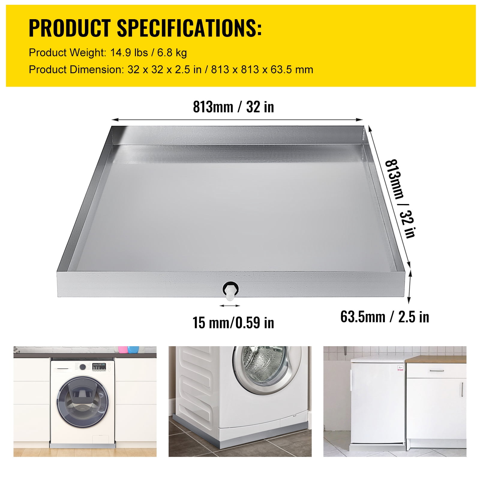 KFFKFF 32x32x2.5" Washer Pan, 18 GA Thick, 304 Stainless Steel, Durable Drip Tray with Drain Hole & Hose Adapter