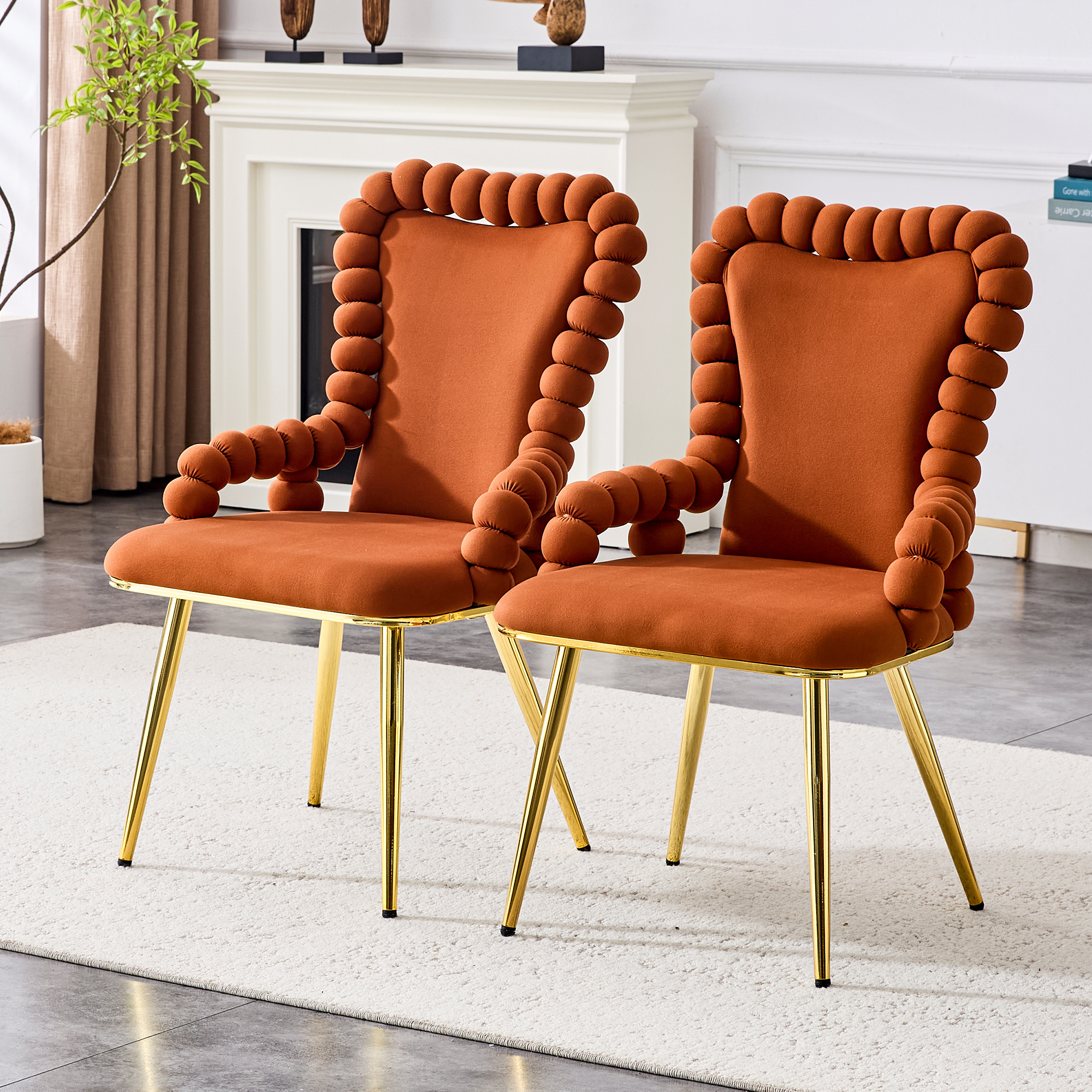 TesNus Set of 2 Brown Velvet Bubble Tufted Dining Chairs with Gold Metal Legs and Armrests for Dining Room