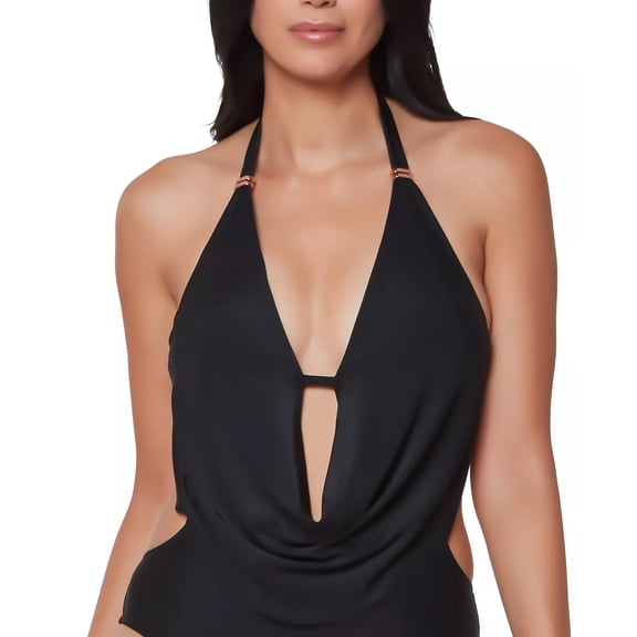 Bar III BLACK Plunging Cowlneck Halter Tankini Swim Top, US Medium