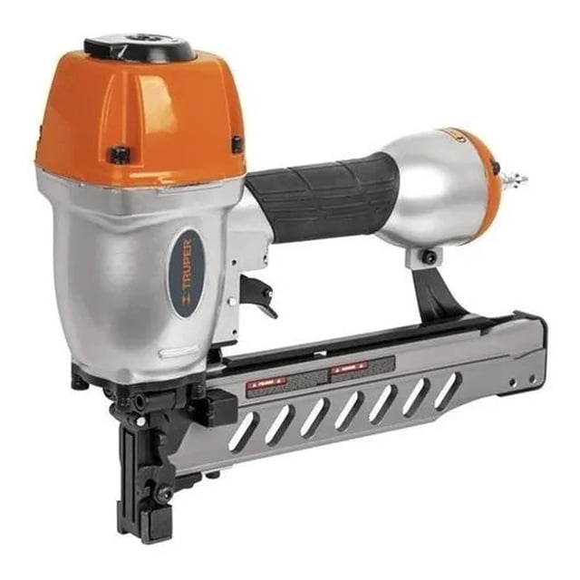 engrapadora neumatica 7/16' grapa cal. 16 truper 13178 truper enne-160 Grapadora neumatica en vista 3/4 derecha, cuerpo metálico gris con carcasa naranja, empuñadura negra texturizada y carril metálico para grapas calibre 16 de 7/16"; peso 2.4 kg. Apta para ensamblaje ligero y sujeción de tapicería o molduras.