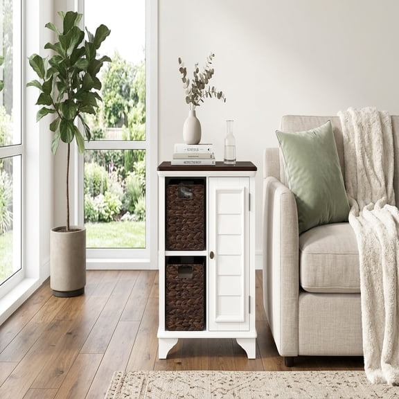 White End Table with Storage Baskets and Cabinet - American Style Accent Table