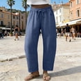 thumbnail image 4 of Women's Baggy Wide Leg Palazzo Pants Harem Pants Petite Linen Pants Drawstring Boho Barrel Sweatpants Summer Casual Flowy Breathable Trousers Beach Vacation, Spring Summer Fall, Dark Blue M, 4 of 9