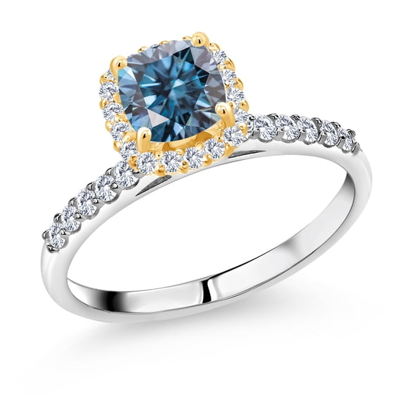 Gem Stone King 925 Silver and 10K Yellow Gold Ring Persian Blue Moissanite and Lab Grown Diamond (1.63 Cttw, Size 5)