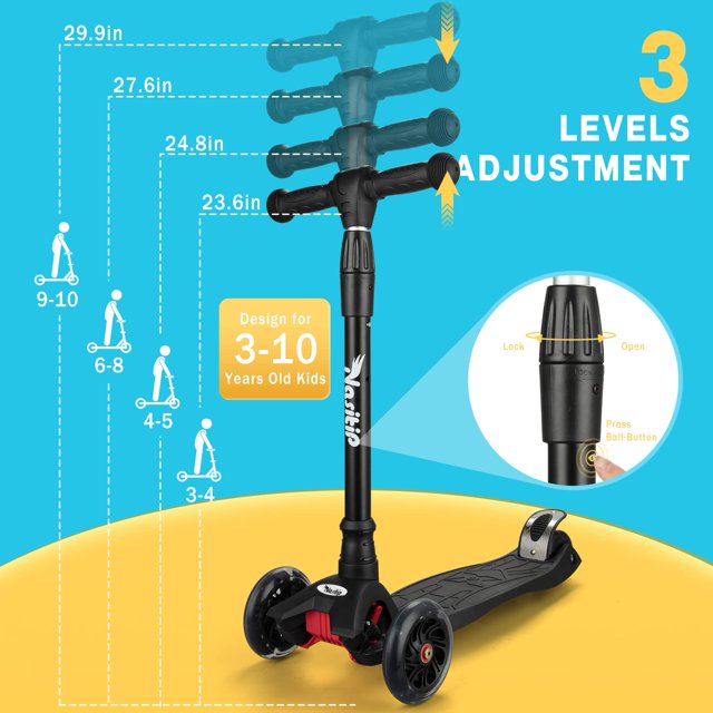 TROPOW Trottinette pour Enfants de 3 à 12 Ans, avec Cadre en Alliage d'Aluminium Noir et Trois Roues en Polyuréthane Lumineuses. la Trottinette Comprend un Guidon Ajustable avec Quatre Réglages de Hauteur Allant de 23,6 à 29,9 Pouces, un design Inclinable et Directionnel pour des Manœuvres Faciles, et des Freins de Sécurité Améliorés. l'Image Met en Valeur le Mécanisme de Réglage de la Hauteur et Convient aux Enfants de 3 à 10 Ans, avec une Limite de Poids de 110 Livres. Idéale pour les Activités de Plein Air