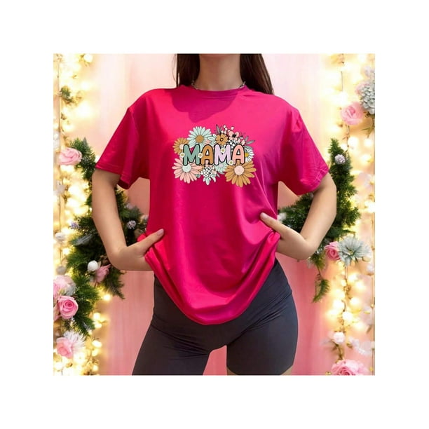 Playera Blusa Mujer De Mamá con Estampado de Flores Ropa Casual y Bonita para Día de la Madre Color Fucsia Talla Chica Marca Emil SaEs