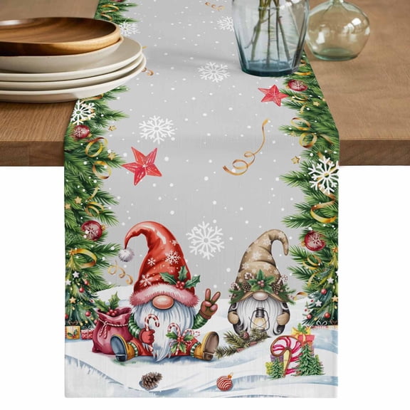 Grey Christmas Table Runner 36 Inches, Gnomes Xmas Tree Snowflake Gifts Bed Runner Dresser Scarves Tabletop for Indoor Outdoor Parties/Ceremony/Banquet, 13"x 36"