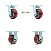 Polyurethane on Aluminum Swivel Top Plate Caster Set of 4 w/4" x 2" Maroon Wheels - Includes 2 Swivel with Bolt on Swivel Locks & 2 Rigid - 2800 lbs Total Capacity - Service Caster Brand