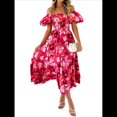 thumbnail image 3 of Vestido Midi Informal de Verano para Mujer, de Corta, Abullonado, con Cuello Cuadrado y Volantes Escalonados Rosa Roja y Rosa L, 3 of 7