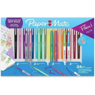 Paper Mate Flair Felt Tip Pens, 24 Vibrant Colors, Medium Point (0.7mm), 4 Unique Tip Styles, No-Bleed Ink