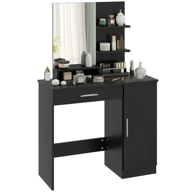 HOMCOM Coiffeuse, Table de Maquillage avec Miroir et Étagères de Rangement, Noir