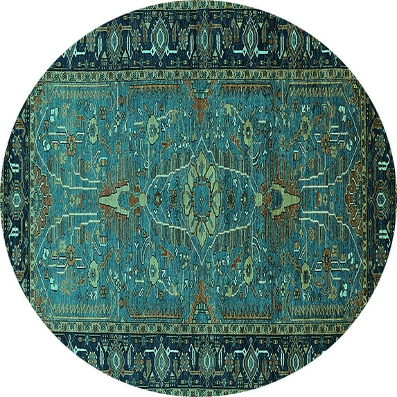Ahgly Company Machine Washable Indoor Round Oriental Turquoise Blue Industrial Area Rugs, 8' Round