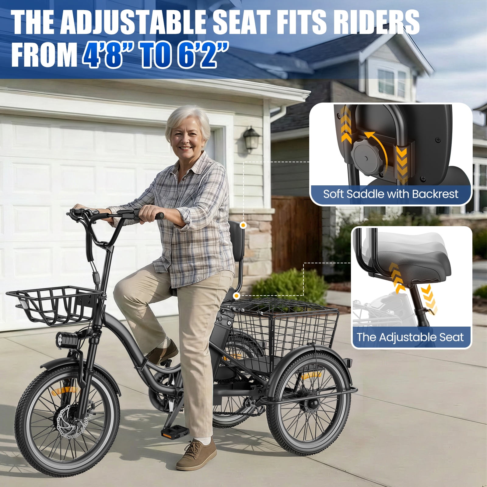 Flycity Electric Tricycle for Adults, Peak 1200W Electric Trike with 48V 15Ah Removable lithium battery, 20" 7 Speeds 3 Wheels Electric Bikes, Black