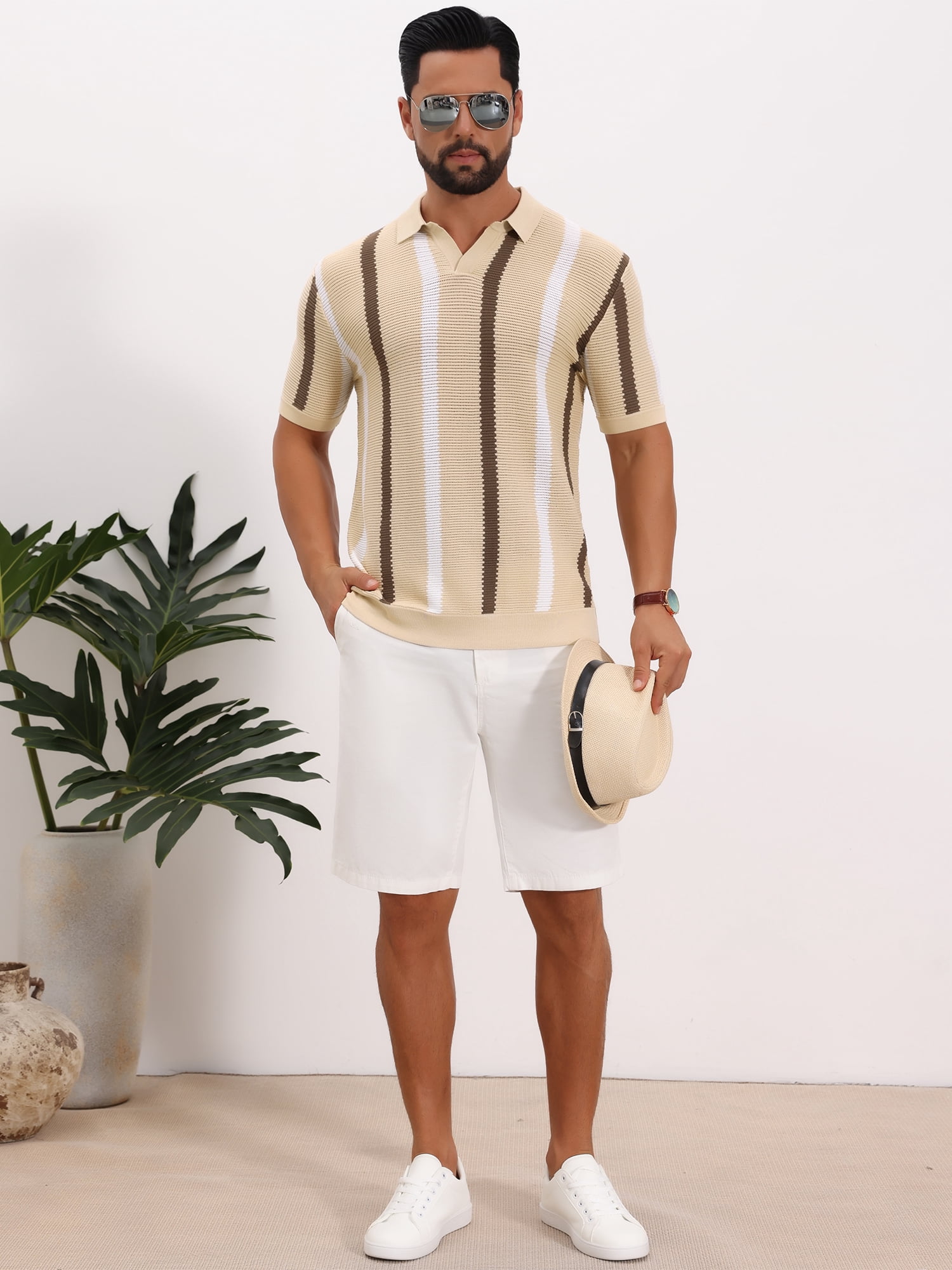 DARING DIVA Men's Hollow Knit Polo Shirt V Neck Short Sleeve Golf Polo Shirts S Khaki