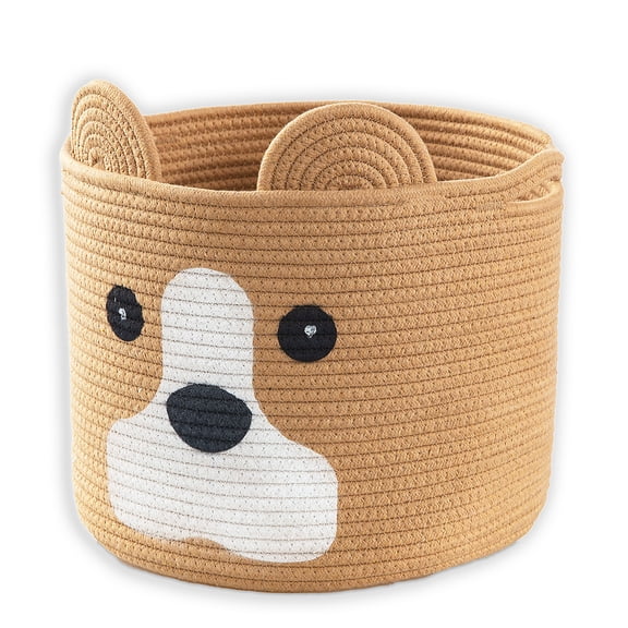 Medium Dog Woven Baskets with Handle, Dog Toy Hamper, Cotton Rope Dog Toy Storage Baskets for Pet, Animal Basket for Kids, Baby Gift Baskets for Dog Lovers