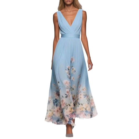 SONXAHE Women's Floral Print Maxi Dress Sleeveless Deep V-Neck Waisted Flowy Formal Evening Party Gown