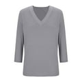 thumbnail image 4 of Htigea V Neck 3/4 Sleeve Shirt for Women Plain Summer Tees Casual Loose Top Lightweight Daily Wear Gray,S, 4 of 5