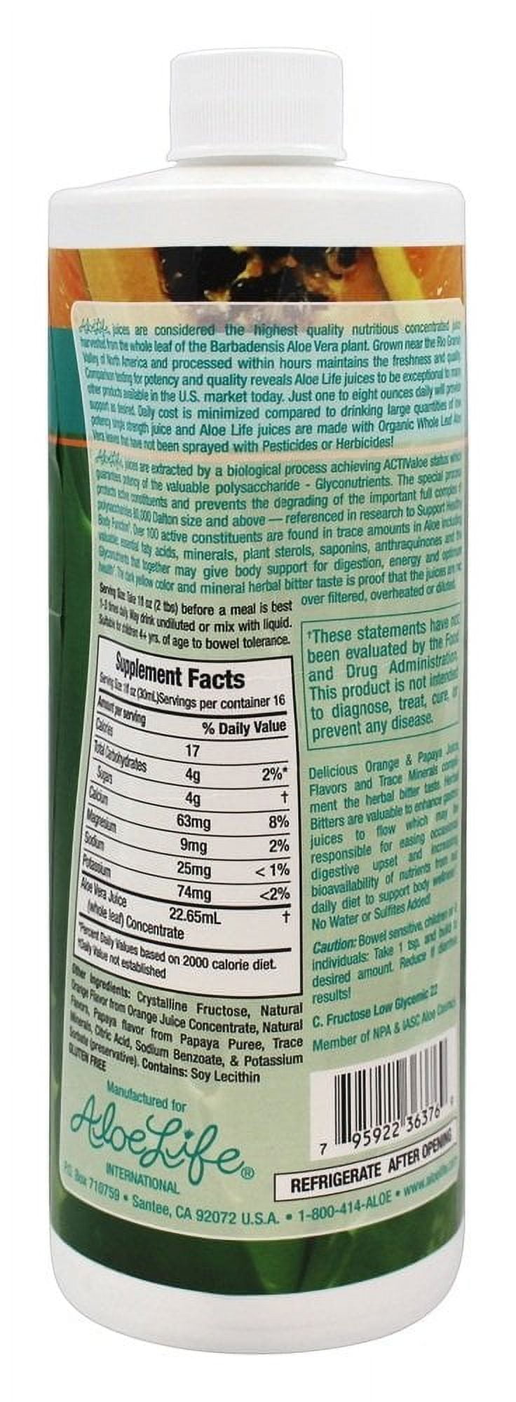 Aloe Life - Whole Leaf Aloe Vera Juic, Certified Organic, Gluten-Free (Orange Papaya, 16 oz)