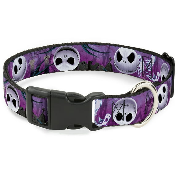 Disney Pet Collar, Dog Collar Plastic Buckle, Jack Expressions Ghosts In Cemetery Purples Grays White, 7 to 8.5 Inches 0.5 Inch Wide