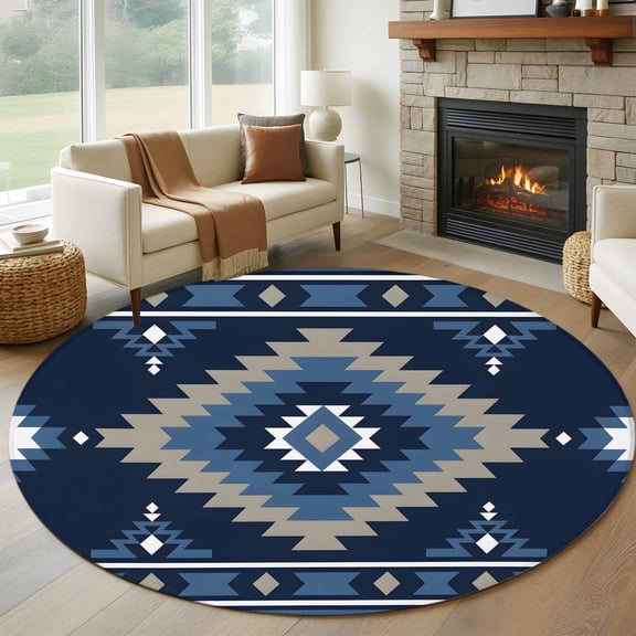 Round Rugs 5Ft, Blue Boho Round Area Rug Washable Indoor Throw Carpet, Aztec Southwest Abstract Geometric Motifs Soft Non Slip Circle Rug for Cabinet Bathroom Home Decor Aesthetic