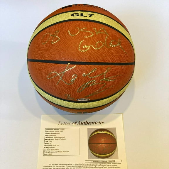 Kobe Bryant "2008 USA Gold" Signed Official Olympics FIBA Basketball UDA  JSA