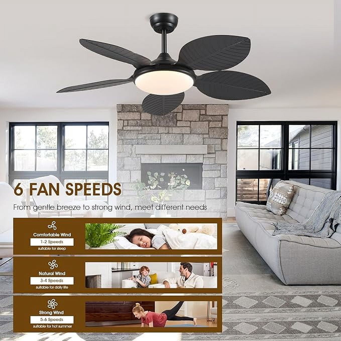 BayDay 48 Inch Tropical Ceiling Fan with Lights & Remote Control, APP Operable, 6 Speeds, Dimmable LED, Reversible Palm Leaf Fan for Bedroom, Living Room, Patio, Porch, Modern Black