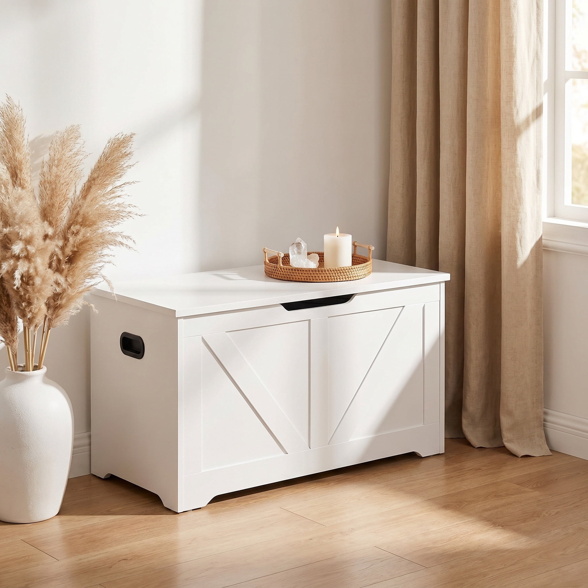 Nordic Hygge White Farmhouse Storage Chest with 2 Safety Hinges