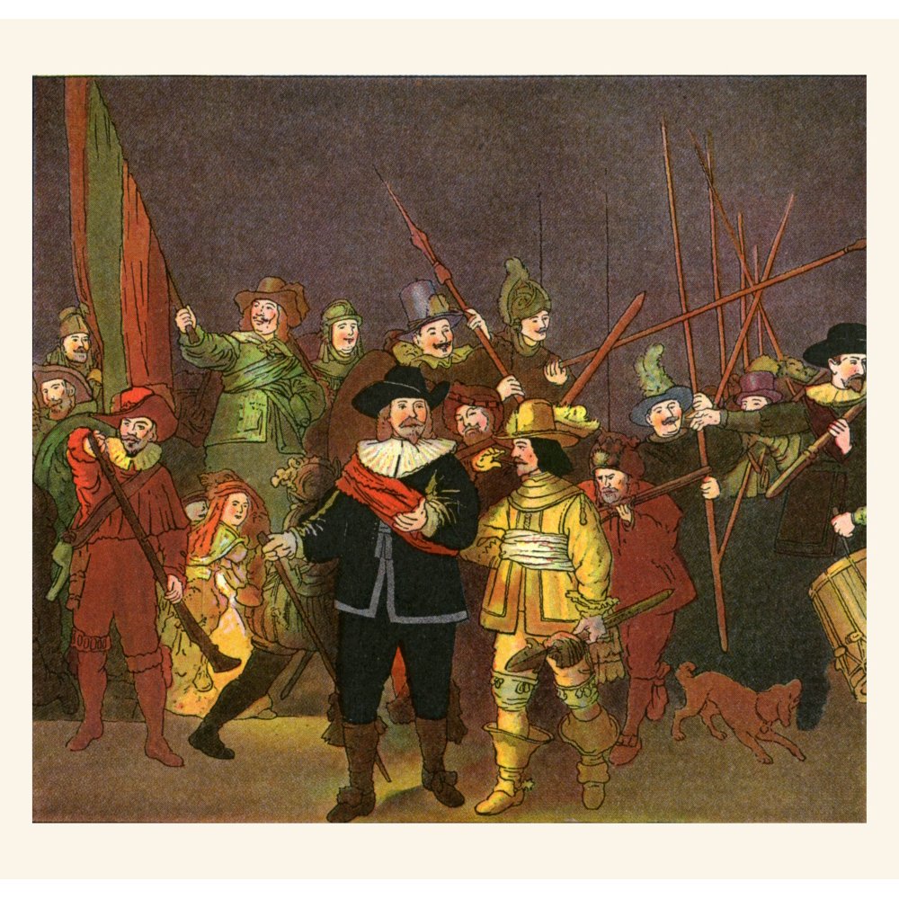 An illutsrated version of "The Night Watch," by Rembrandt van Rijn