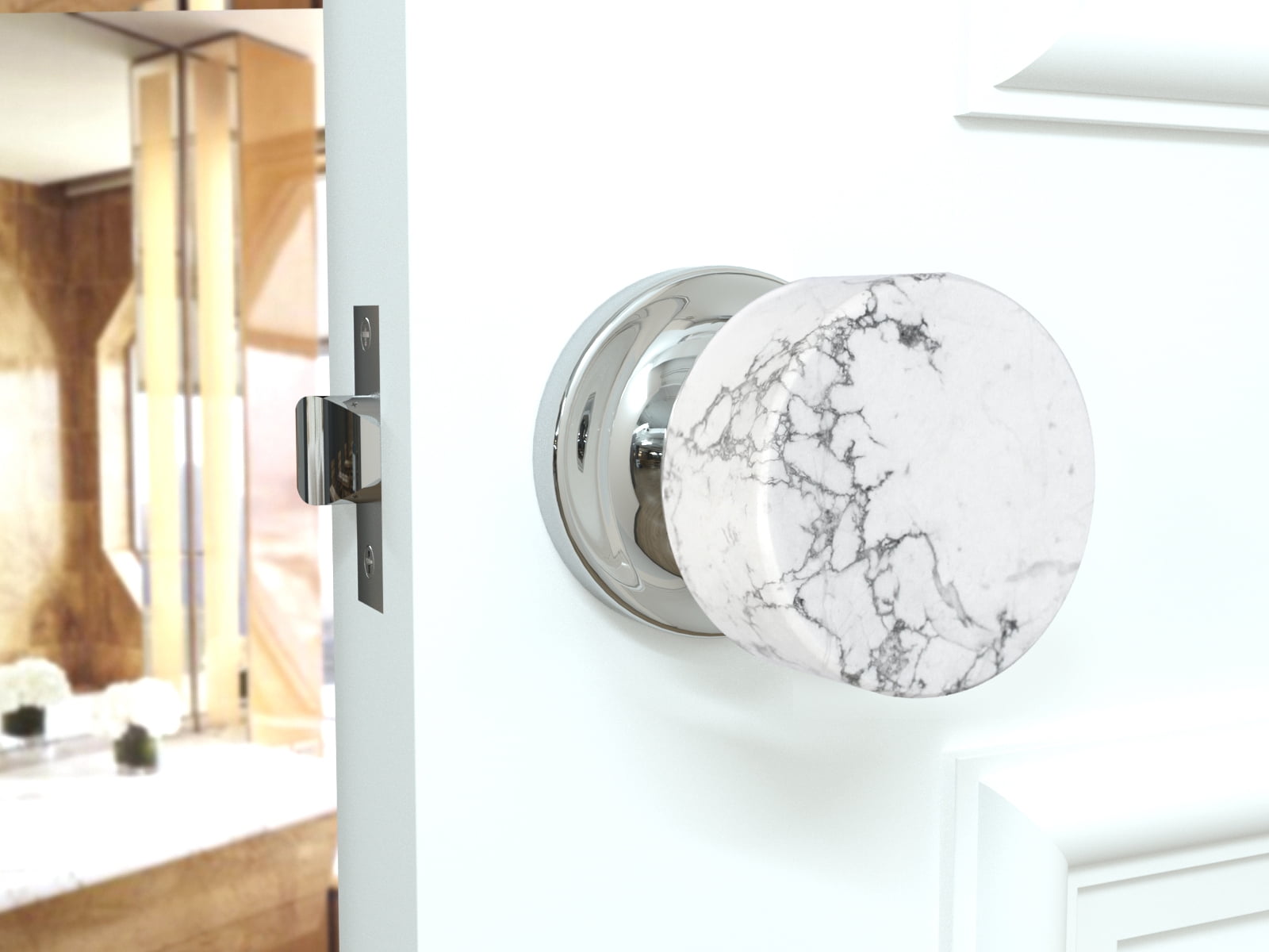 Dummy Round White Marble Stone Door Knobs Polished Chrome Round Rosette