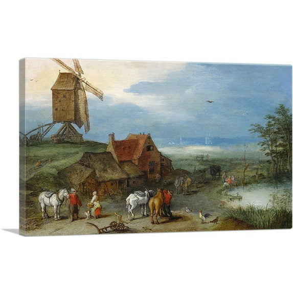 ARTCANVAS Landscape With a Windmill Various Figures Horses and Animals Canvas Art Print by Jan Brueghel The Elder - Size: 26" x 18" (0.75" Deep)