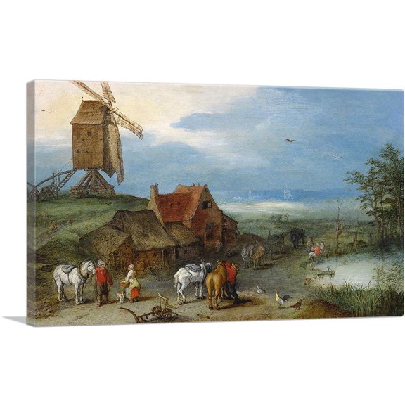 ARTCANVAS Landscape With a Windmill Various Figures Horses and Animals Canvas Art Print by Jan Brueghel The Elder - Size: 12" x 8" (0.75" Deep)
