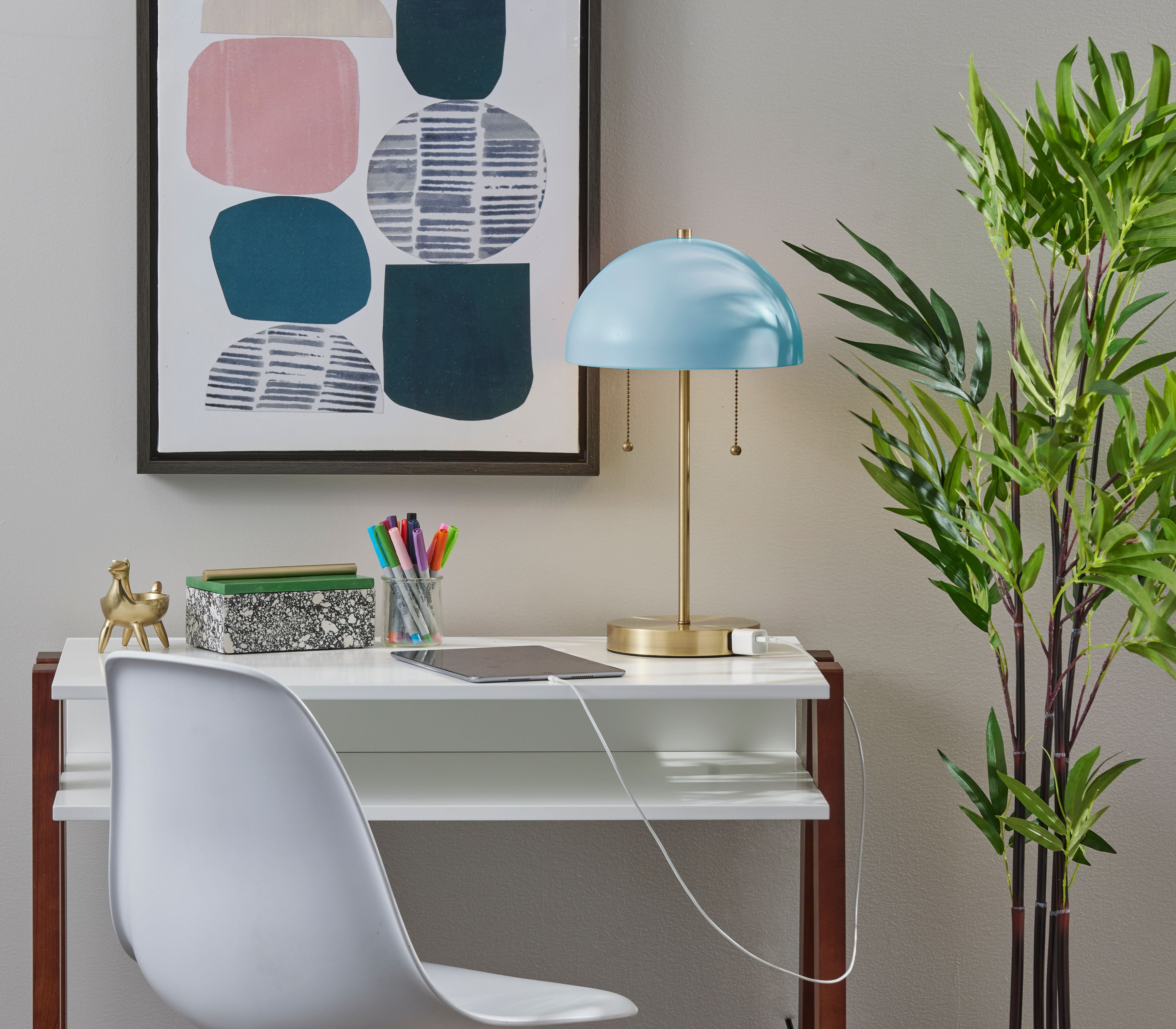 Adesso Bowie Table Lamp, Antique Brass & Light Blue, Electronic, Painted Blue Metal Shade