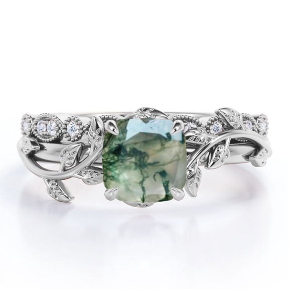 JeenMata Botanical Style - 1.75 Carat Cushion Cut Opaque Milky Moss Green Agate and Moissanite - Filigree Milgrain Wedding Set - 18K White Gold Plating over Silver