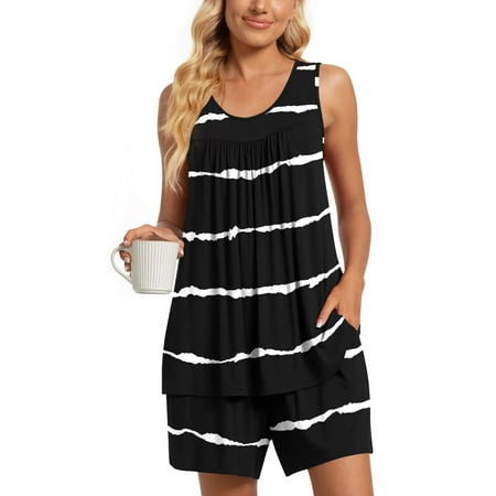 

Casual Set! MIARHB Women s Pajamas Soft Pleated Sleeveless Loose with Pockets Zebra XXL