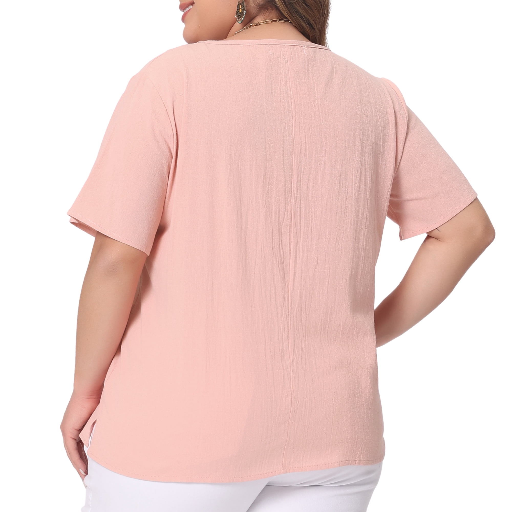 Women's Plus Top Short Sleeve Crew Neck Cotton Linen Blouses Top T Shirt 3X Pink