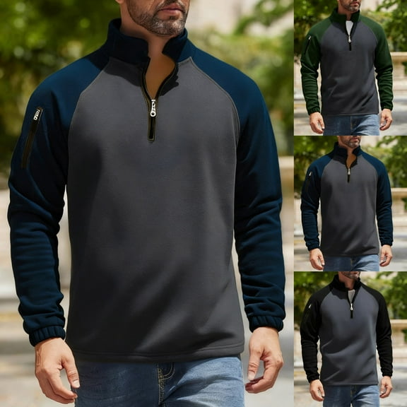 qolati Mens Quarter Zip Pullover Long Sleeve Casual 1/4 Zip Sweatshirt Lightweight Color Block Mock Neck Sweater Winter Outwear Black L