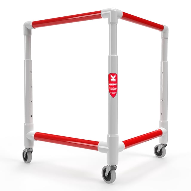 Karben Skater-Aid, Adjustable Height Roller Skate Trainer in red, designed with a durable white and red frame, four caster wheels for stability, and adjustable poles for height customization. A practical roller skate accessory for beginners to improve balance and coordination.