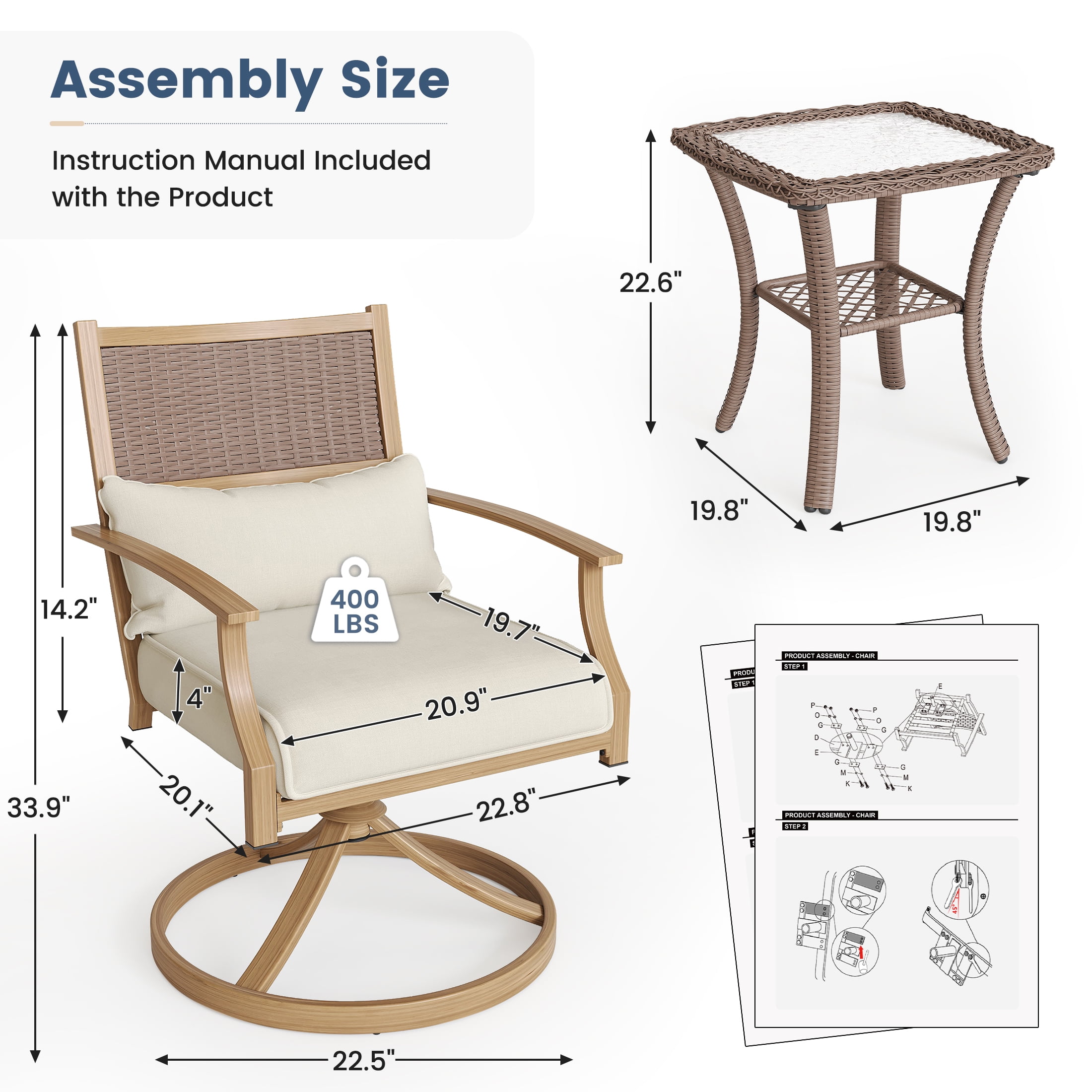 Poteban 3 Pieces Swivel Rocker Outdoor Chairs Set, Patio Dining Chairs with Beige Thickened Cushions&Glass Top Table, Wicker Patio Bistro Set for Garden, Backyard, Lawn, Porch