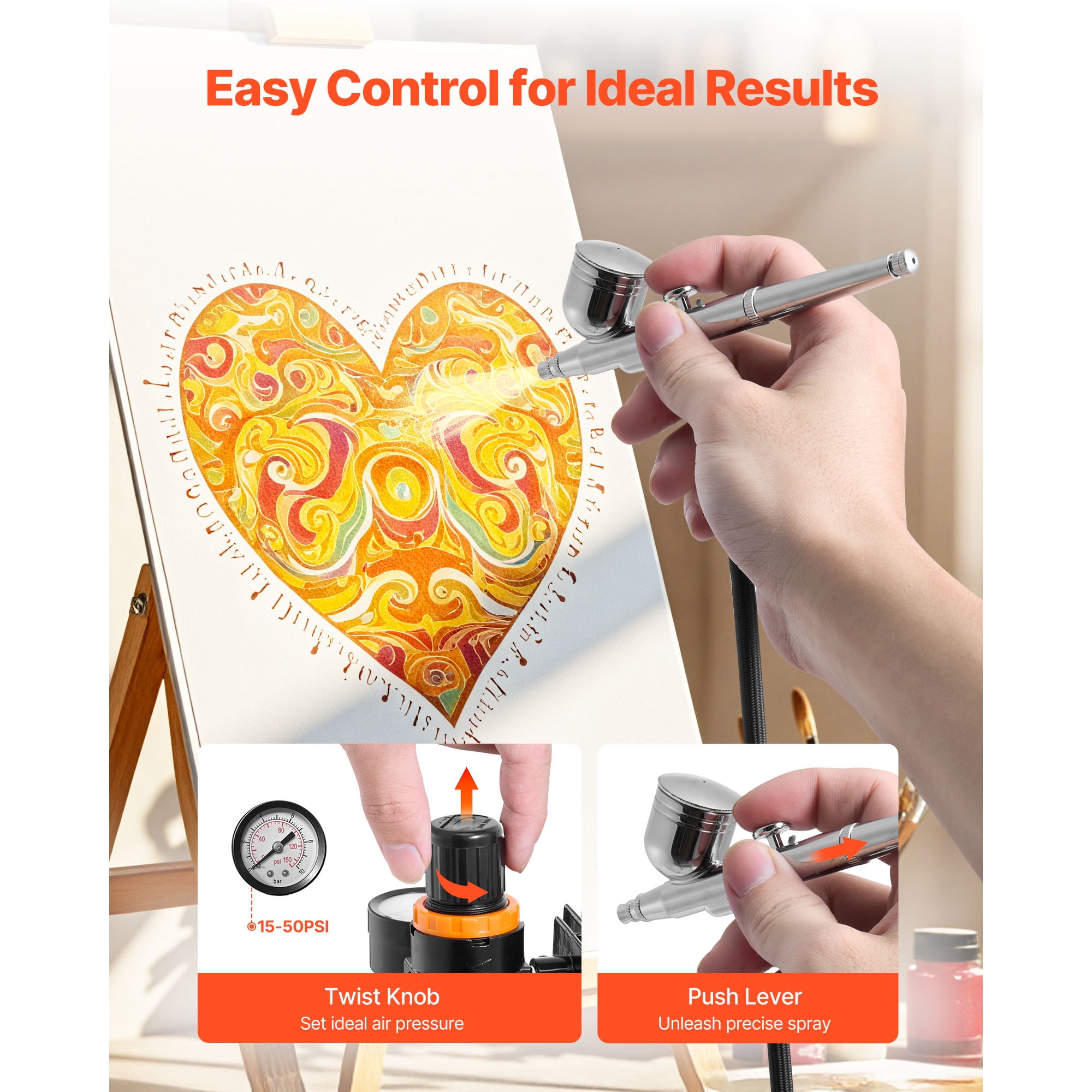 KFFKFF Airbrush Kit with 1/6 HP Compressor, Includes 3 Dual-Action Airbrushes, 3 Nozzles, Hose, Acrylic Paint, Dual Fans, Quiet Operation, Ideal for Cake Decorating, Model Painting, and Nail Art