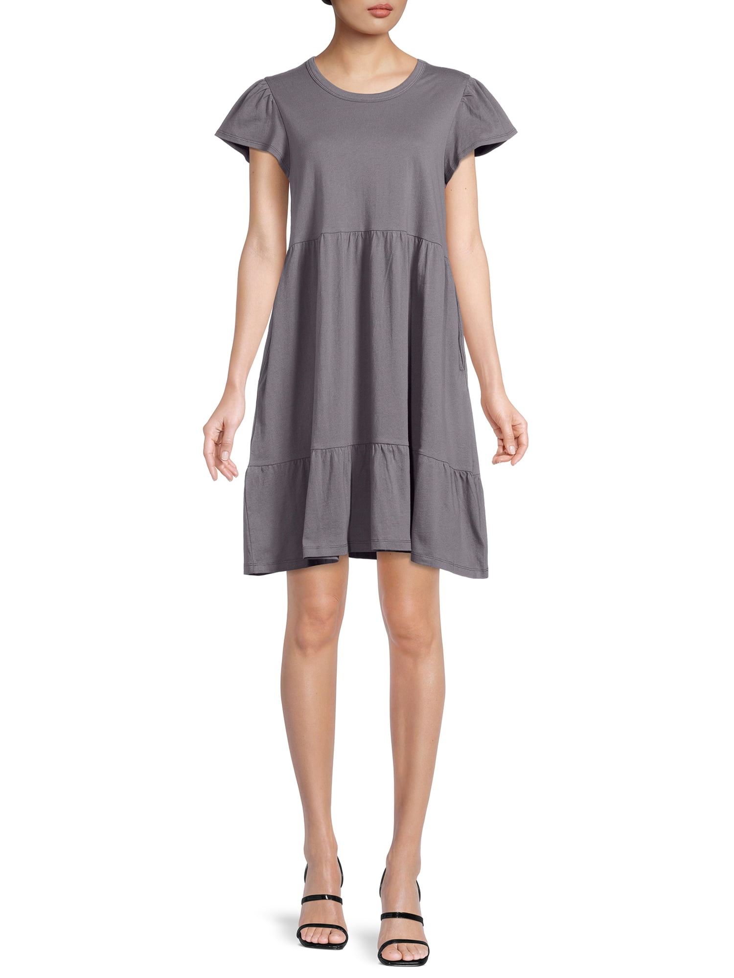 Time and Tru Women's Short Sleeve Tiered Knit Dress with Pockets