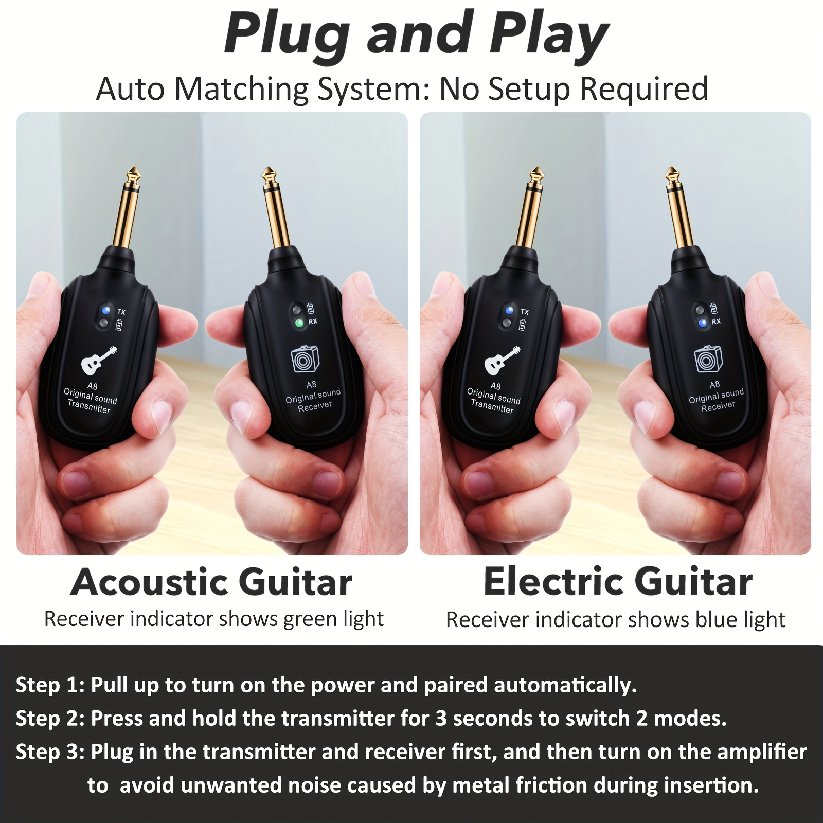 A8 Wireless Guitar System, Built-In Rechargeable Transmitter and Receiver, Stereo Audio, Hand Control, USB Charging for Electric Guitar, Bass, Violin, Compatible with Amplifiers