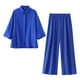 thumbnail image 4 of Conjunto de 2 piezas de moda para mujer HH TRAF, camisa holgada de lino con solapa y manga larga lisa + pantalones elegantes de cintura elástica y pierna ancha hasta los tobillos, 4 of 5