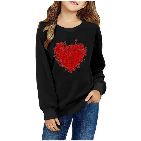 Spazoro Kids Girls Sweatshirts, Heart Print Valentine's Day Long Sleeve Crew Neck Casual Blouses Tops for Child Girls Black Size 5 T