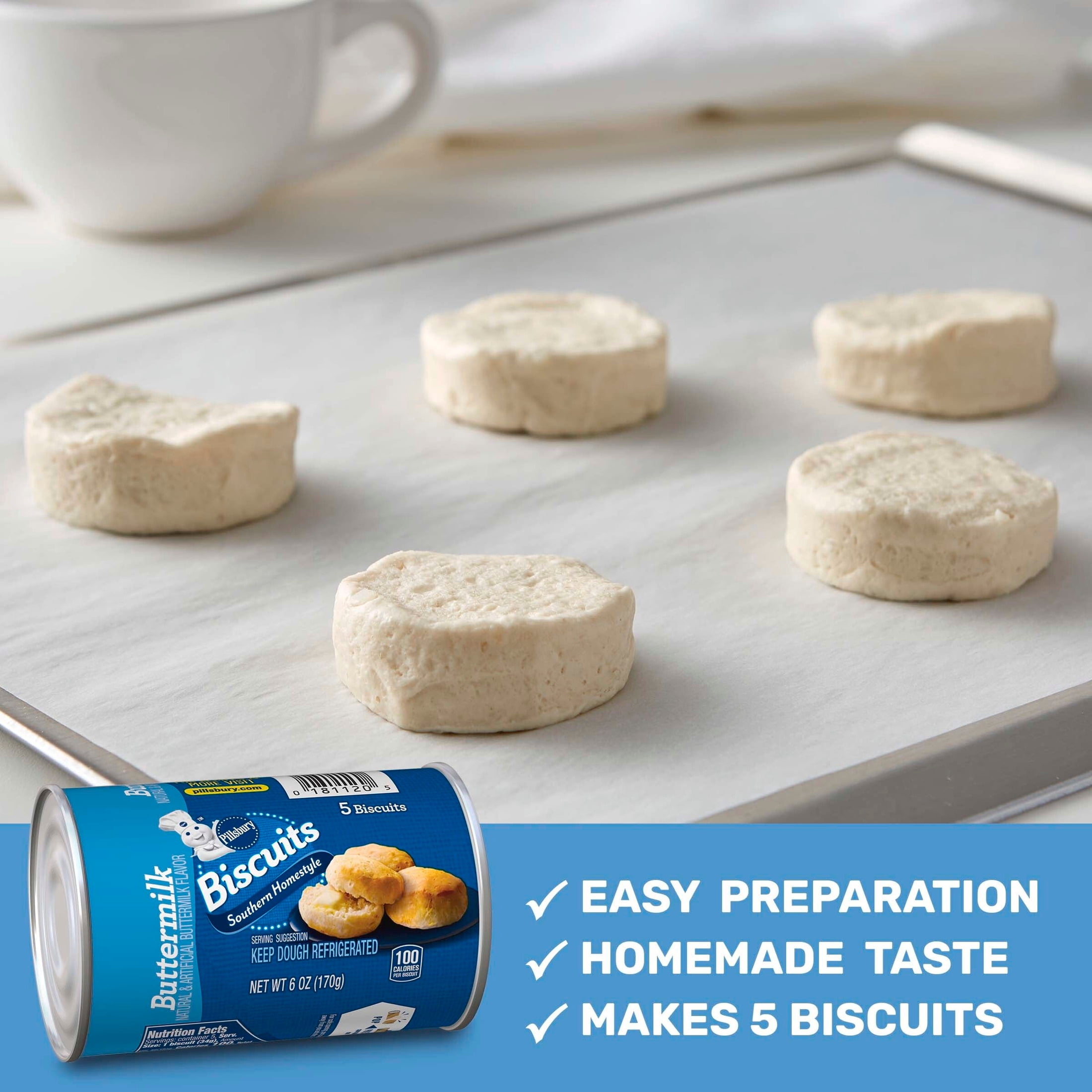 Pillsbury Southern Homestyle Biscuits, Buttermilk, 5 Count, 6 oz