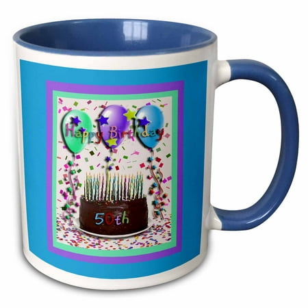 3dRose Happy Birthday 50th Chocolate Cake - Two Tone Blue Mug, (Best Chocolate Mug Cake)
