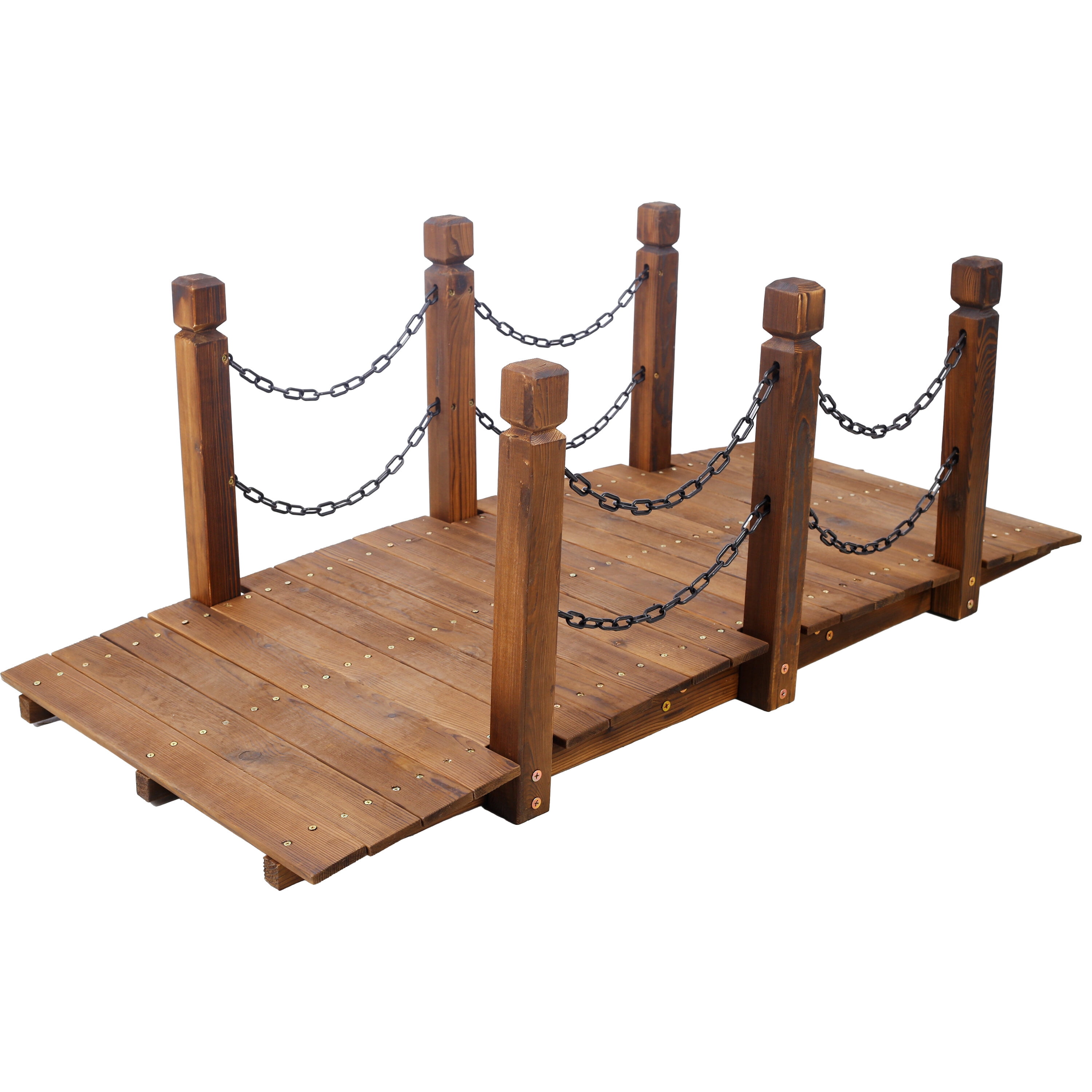 , 5 FT Wooden Garden Bridge, Stained Wood Arc Footbridge with Chain Railings for Backyard Creek Farm, Decorative Pond Bridge, Easy to Assemble (Brown), Brown ,Wood ,