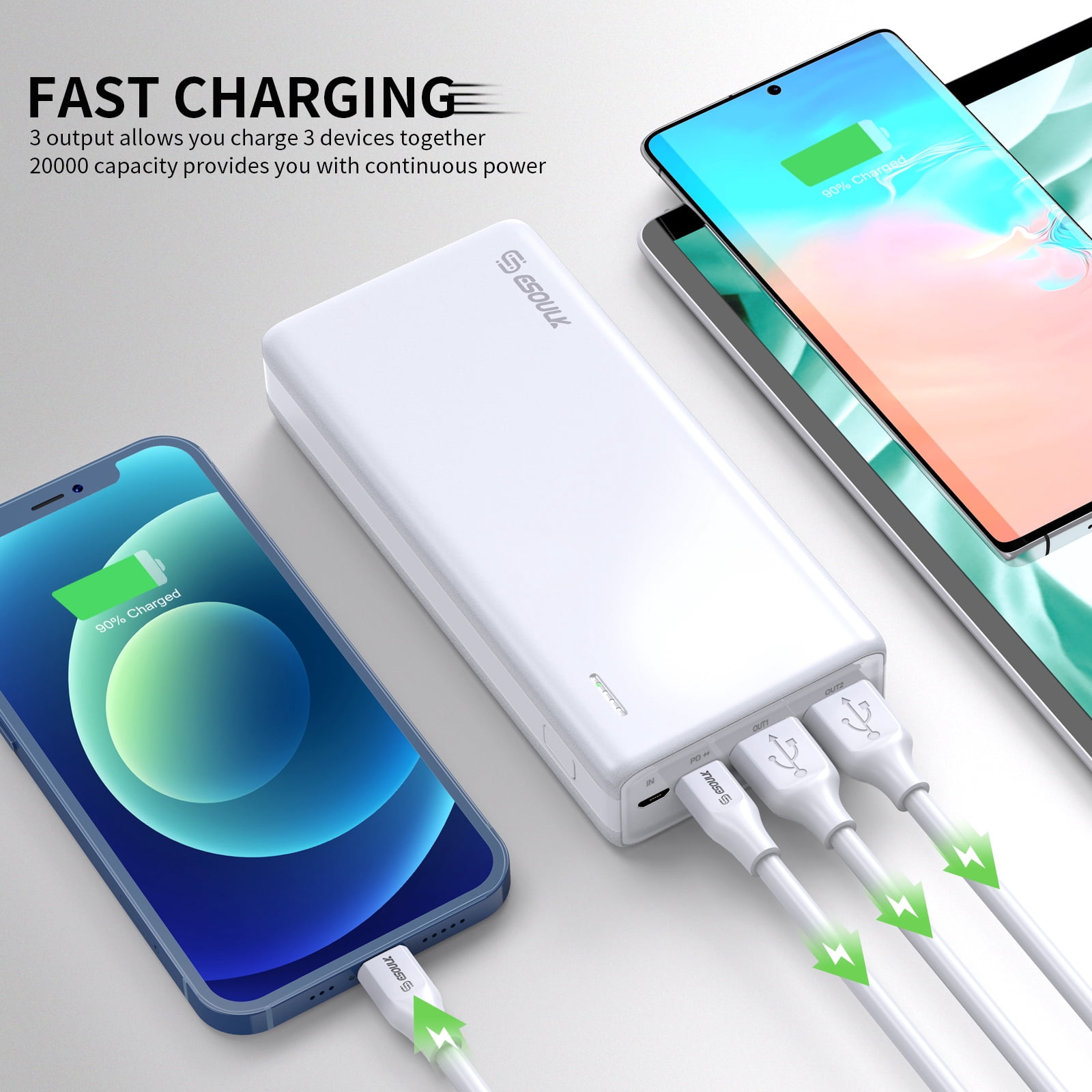 Esoulk 20000mAh PD 20W QC 22.5W Power Bank, White Portable Charger