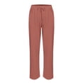 thumbnail image 4 of Brown Sweatpants Women's Cotton and Linen Elastic Waistband High Waistband Pocket Pants Side Buttons Nine Point Pants Loose Casual Pants Straight Leg Pants Fashion Clothing, 4 of 5